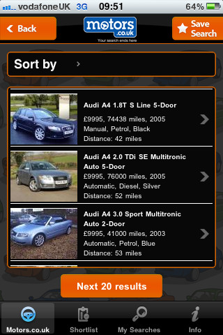 Motors.co.uk Mobile App Vehicle Search Results