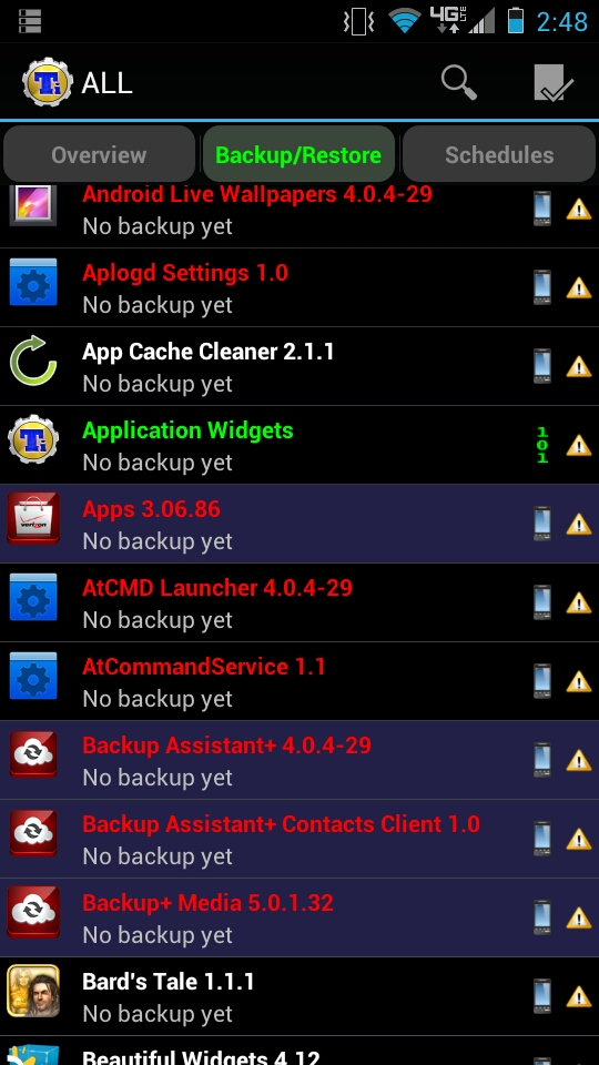 Titanium Backup Apps list with Backup/Restore Options