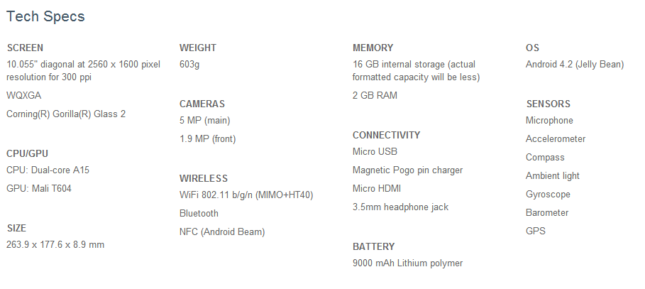 Google Nexus 10 Tech Specs Sheet