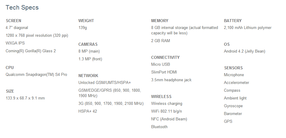 Google Nexus 4 Tech Specs Sheet