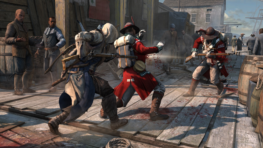Assassins Creed III Connor Performing a Double Assassination With a Musket