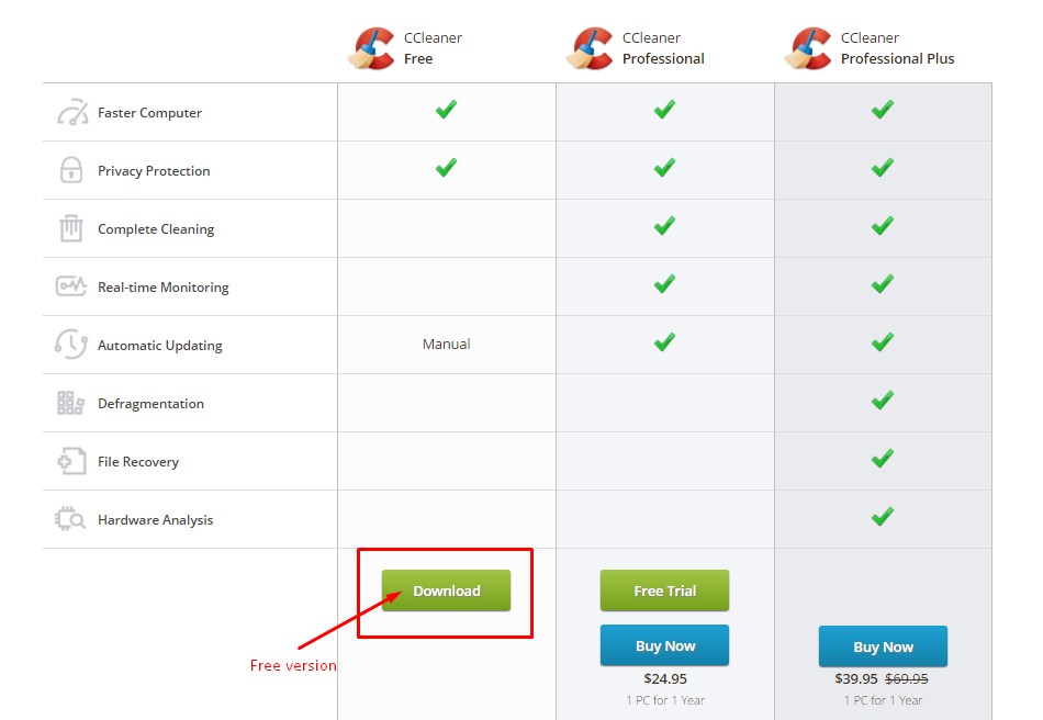 CCleaner free version download button